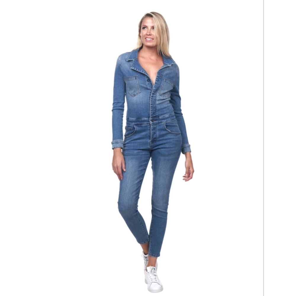 Etienne Marcel Faded Wash Notch Lapel Denim Jumpsuit size Medium